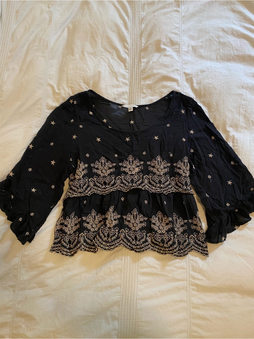 American eagle Embroidered Boho Peasant Top - Black